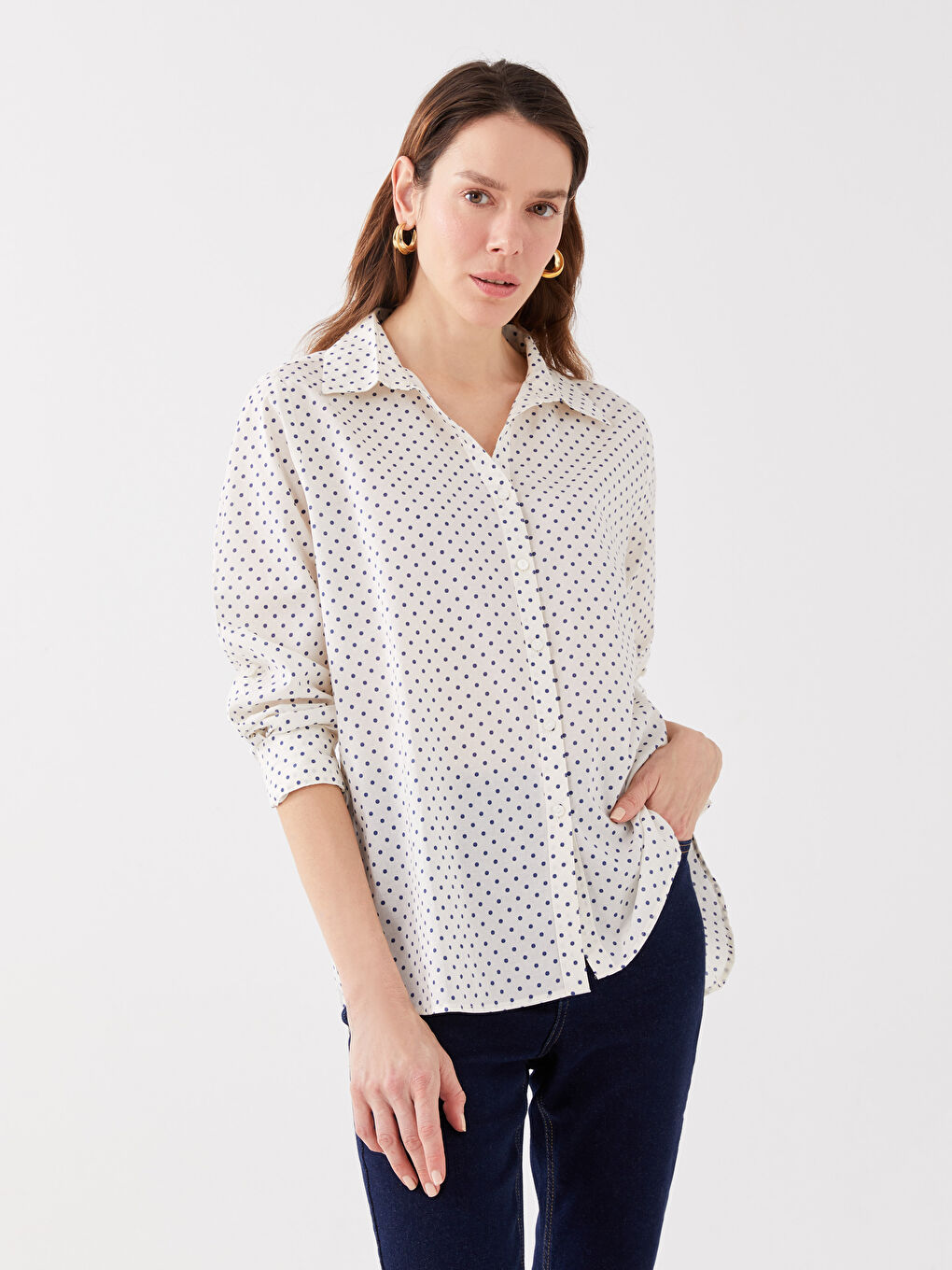LCWAIKIKI Classic Polka Dot Long Sleeve Voile Women's Shirt -S3G360Z8-LS3