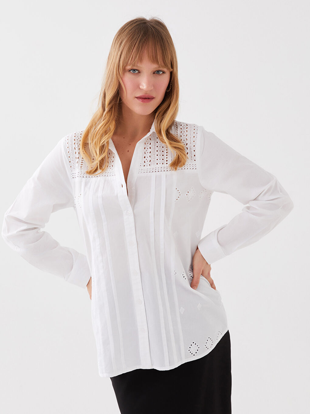 LCWAIKIKI Classic Self Patterned Long Sleeve Broderie Women's Shirt -S3G362Z8-KE8