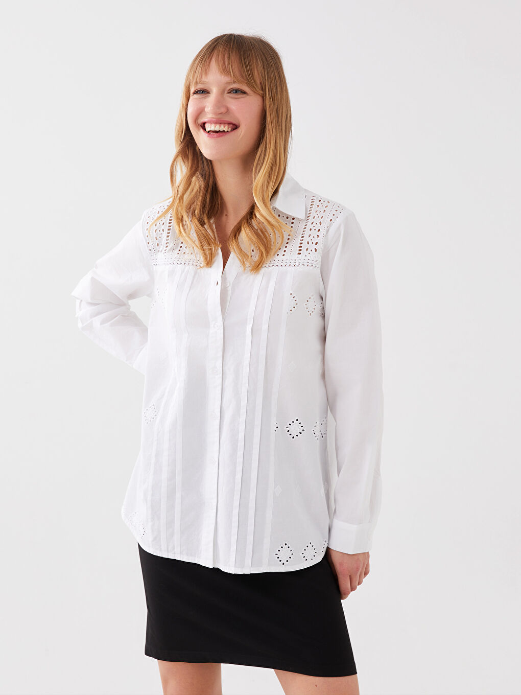LCWAIKIKI Classic Self Patterned Long Sleeve Broderie Women's Shirt -S3G362Z8-KE8