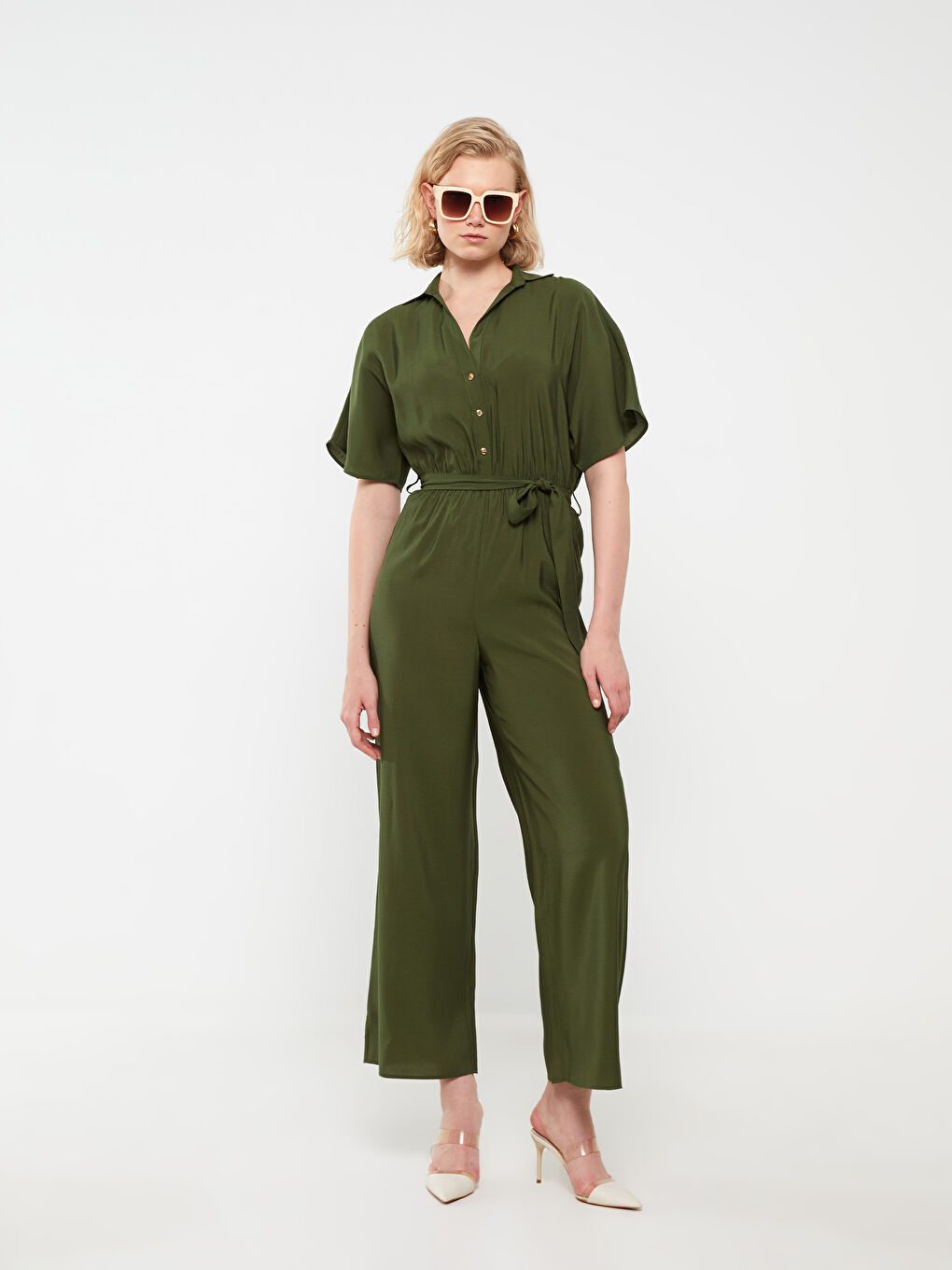 Yeşil Gömlek Yaka Düz Kısa Kollu Kadın Tulum