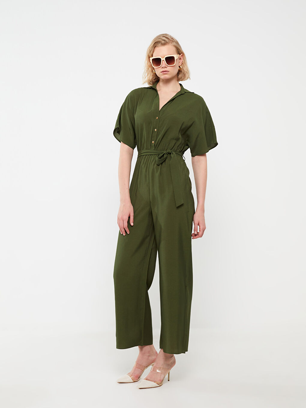 Yeşil Gömlek Yaka Düz Kısa Kollu Kadın Tulum-1