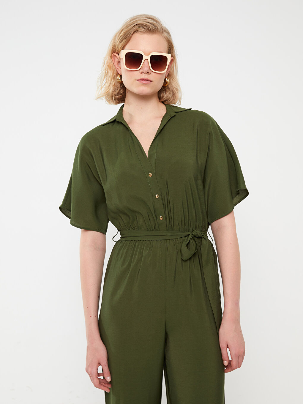 Yeşil Gömlek Yaka Düz Kısa Kollu Kadın Tulum-2