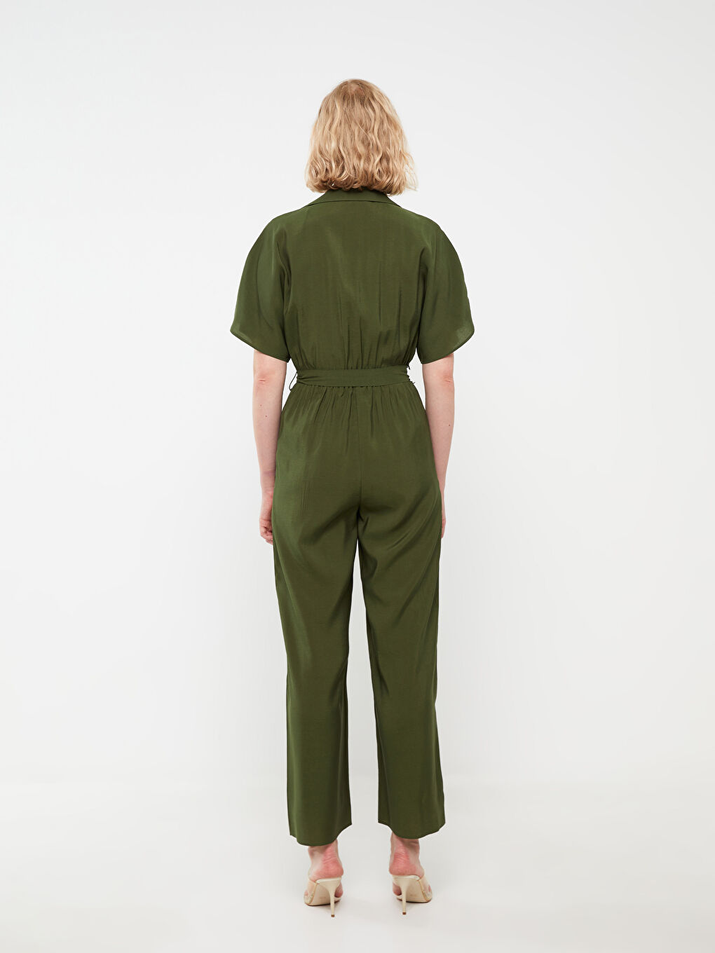 Yeşil Gömlek Yaka Düz Kısa Kollu Kadın Tulum-4