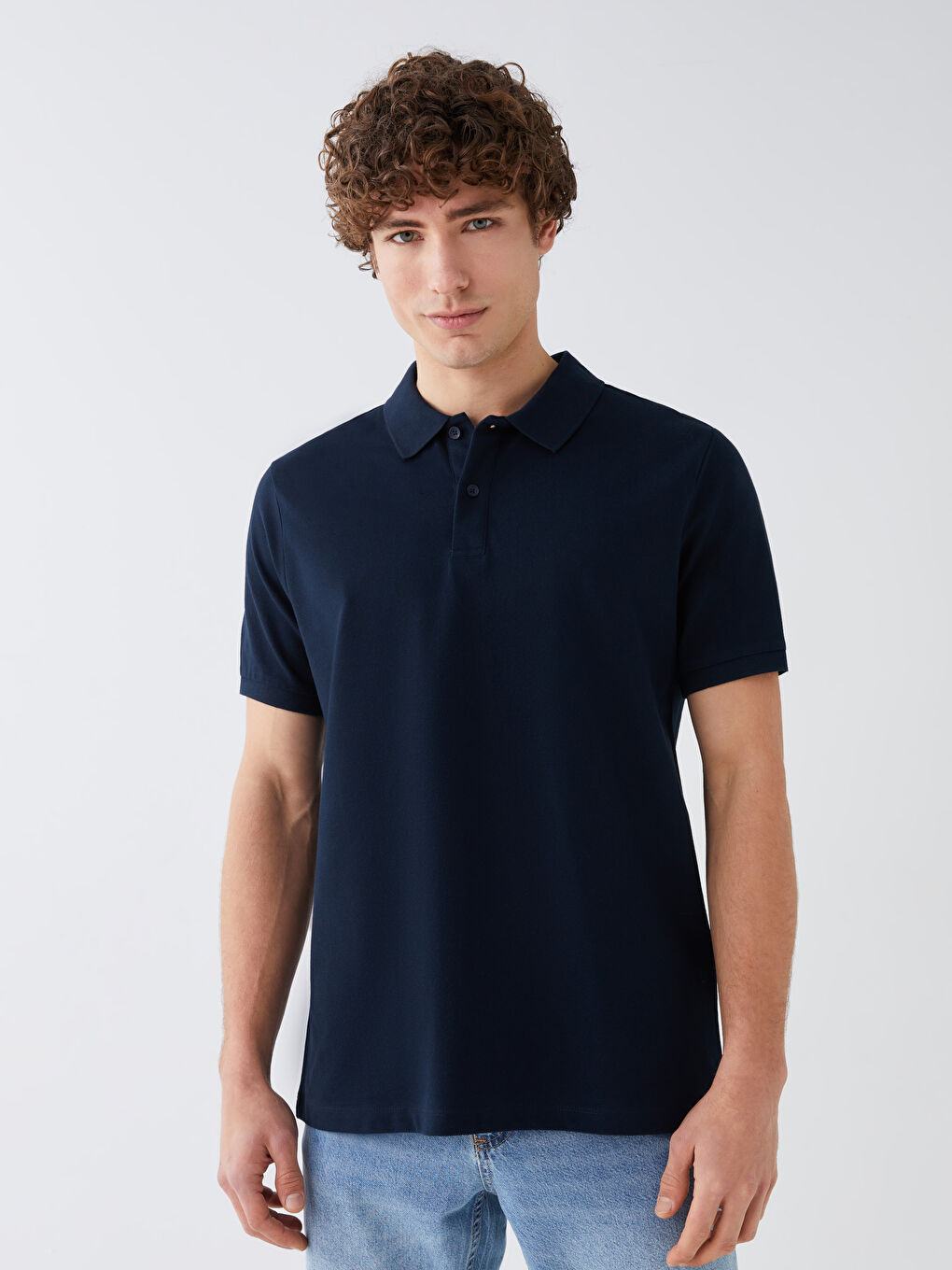 Lacivert Polo Yaka Kısa Kollu Penye Erkek Tişört-1