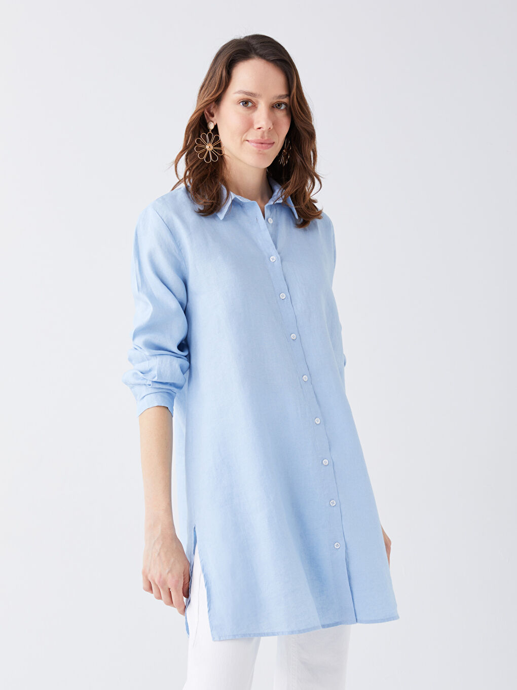 Mavi %100 Keten Kadın Gömlek Tunik-1