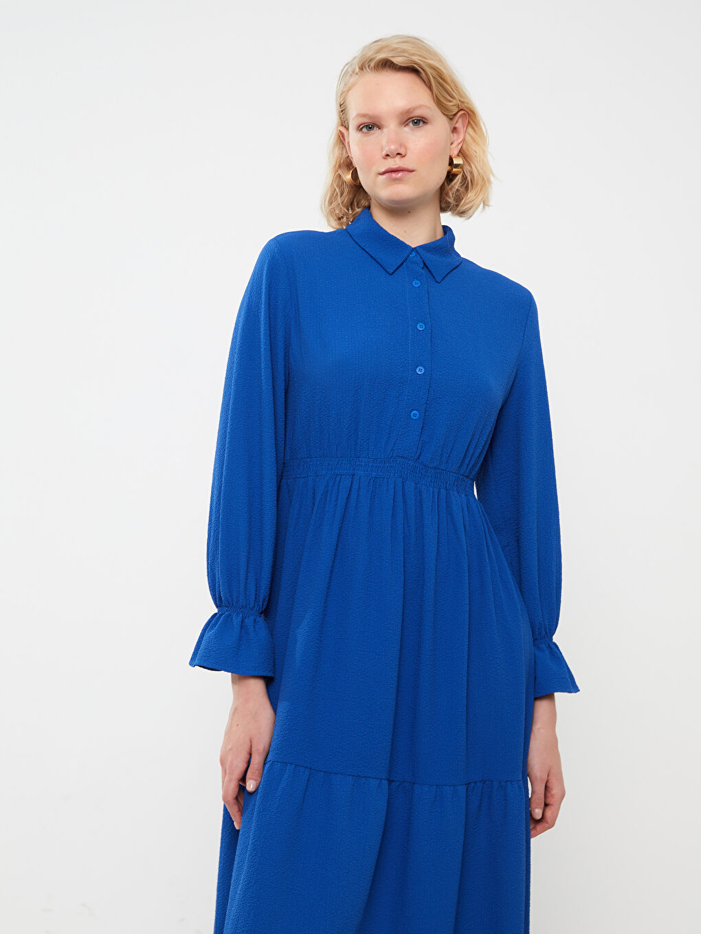 فستان نسائي سادة بأكمام طويلة وقبة قميص-1