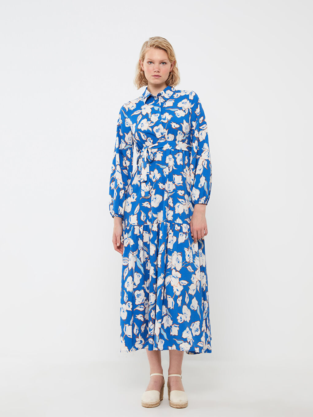 Collared Neck Floral Long Sleeve Women's Dress