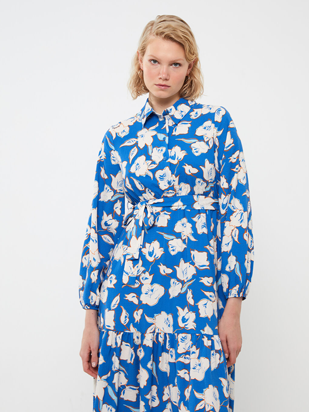 Collared Neck Floral Long Sleeve Women's Dress-1