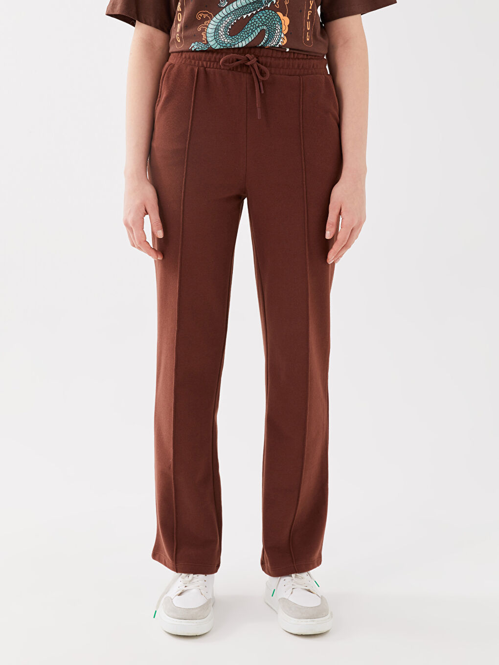 Kahverengi Beli Lastikli Dikiş Detaylı Kadın Eşofman Altı-3