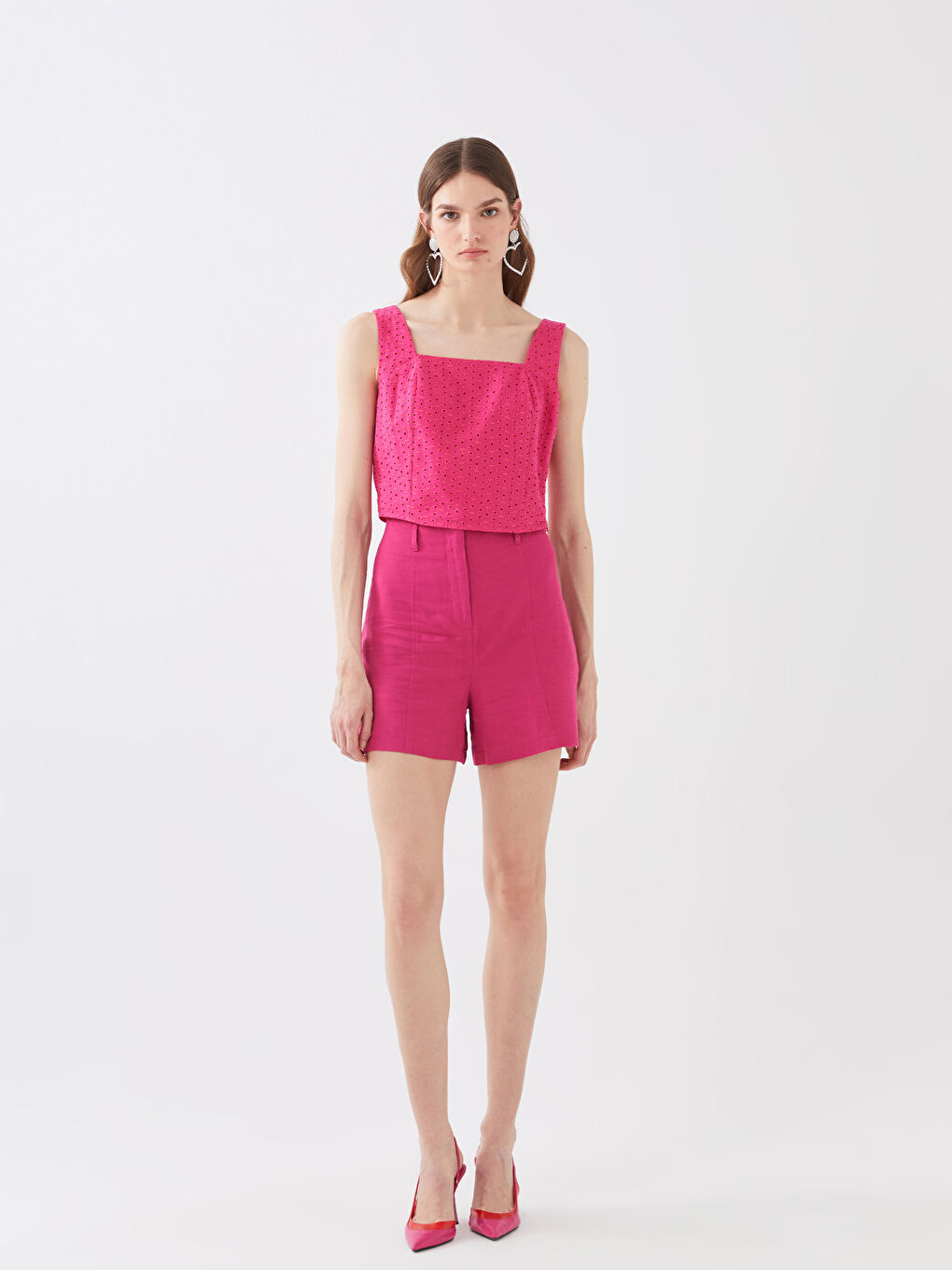 Pembe Kare Yaka Kendinden Desenli Brode Crop Kadın Bluz-2