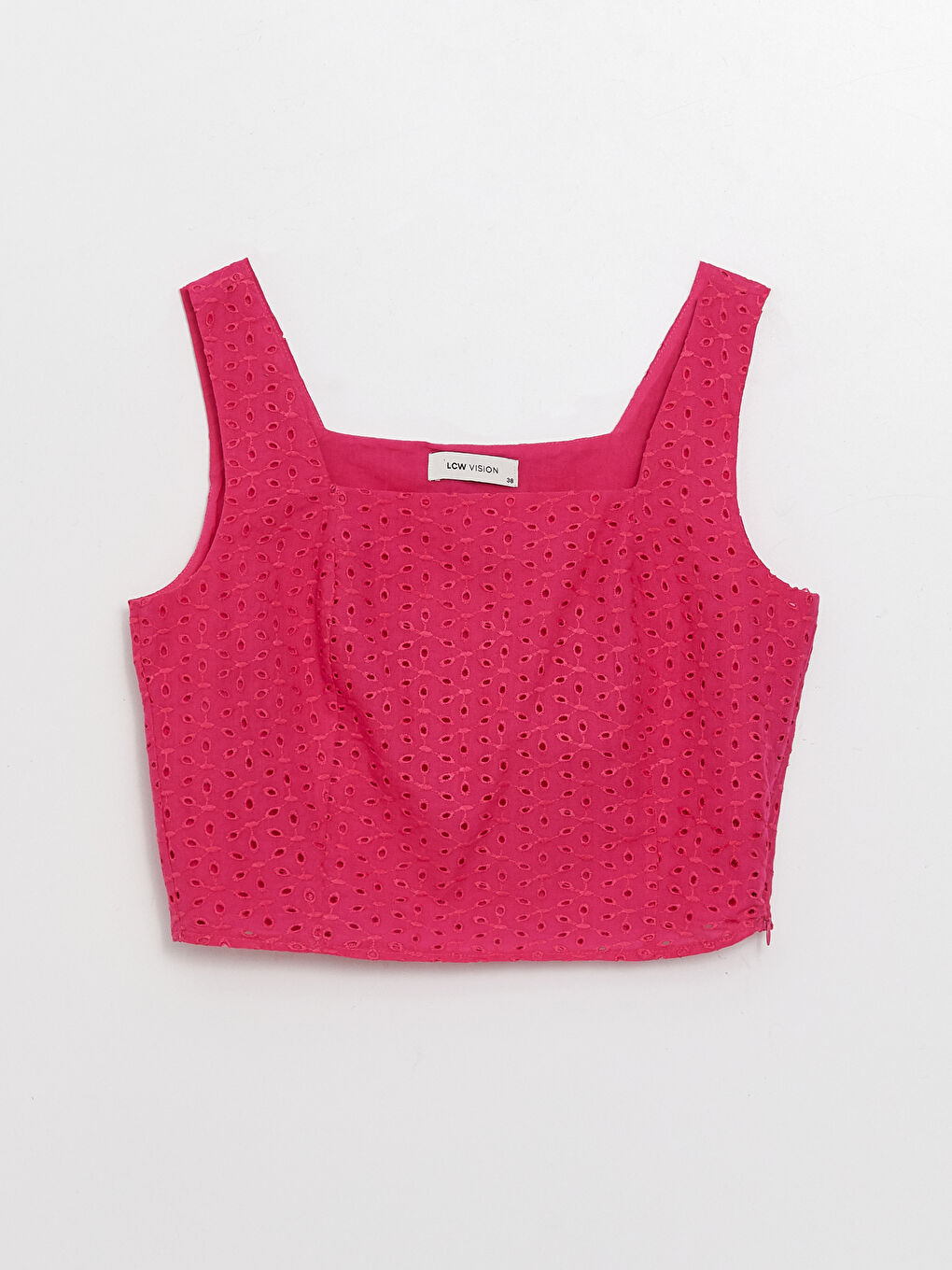 Pembe Kare Yaka Kendinden Desenli Brode Crop Kadın Bluz-5