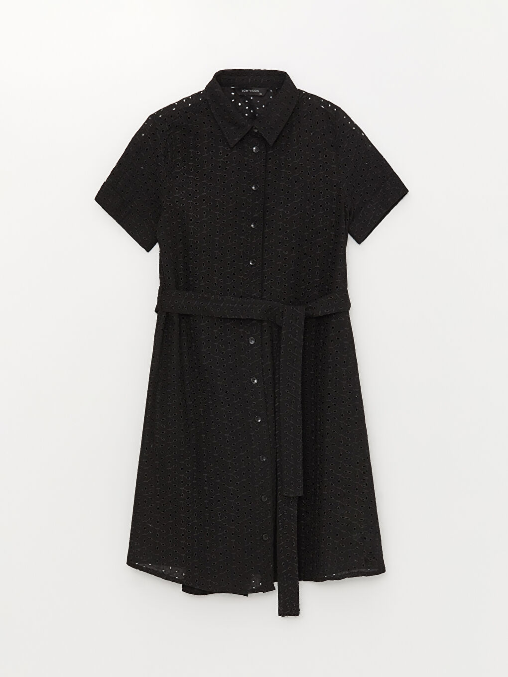 Siyah Gömlek Yaka Kendinden Desenli Kısa Kollu Brode Kadın Elbise-5