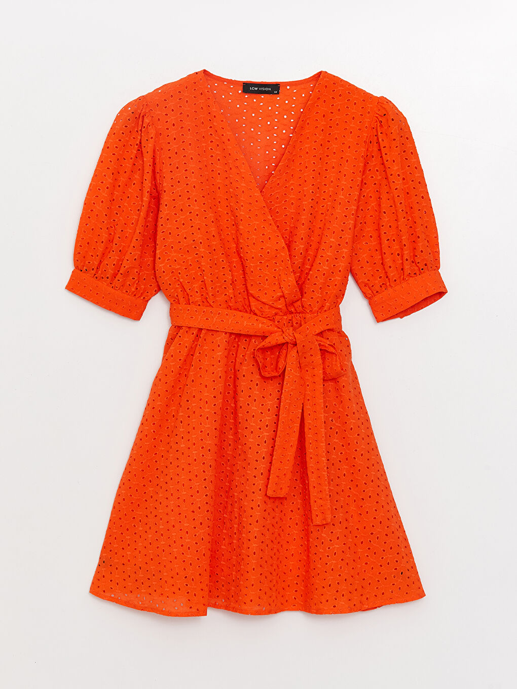 Turuncu Kruvaze Yaka Kendinden Desenli Kısa Kollu Brode Kadın Elbise-5