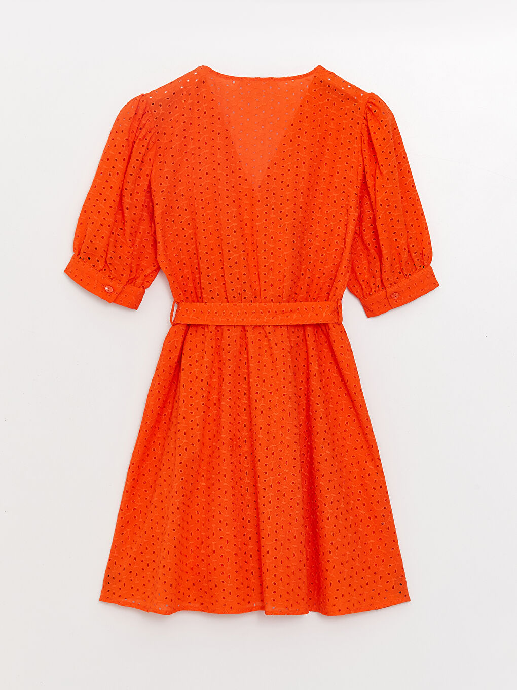 Turuncu Kruvaze Yaka Kendinden Desenli Kısa Kollu Brode Kadın Elbise-6