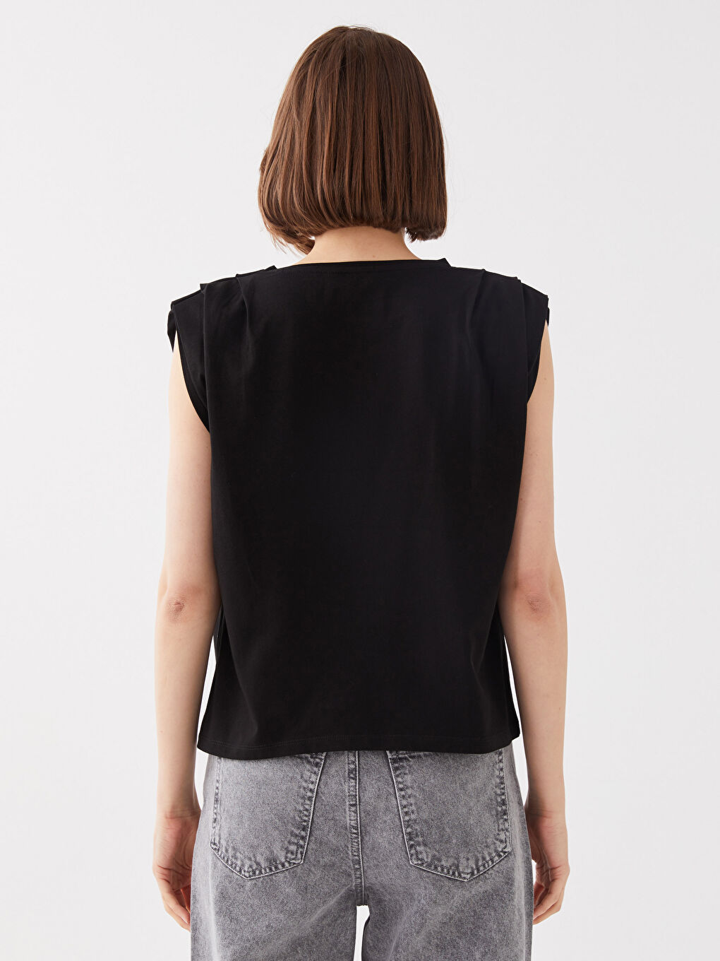 Siyah Kadın Bisiklet Yaka Düz Atlet-4