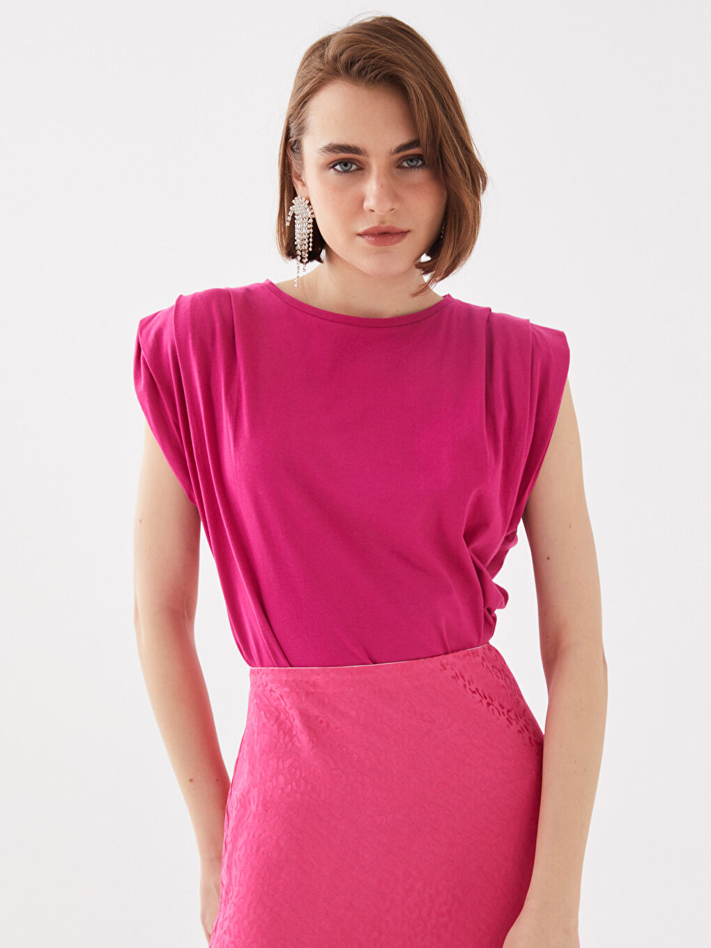 Fuşya Kadın Bisiklet Yaka Düz Atlet-1