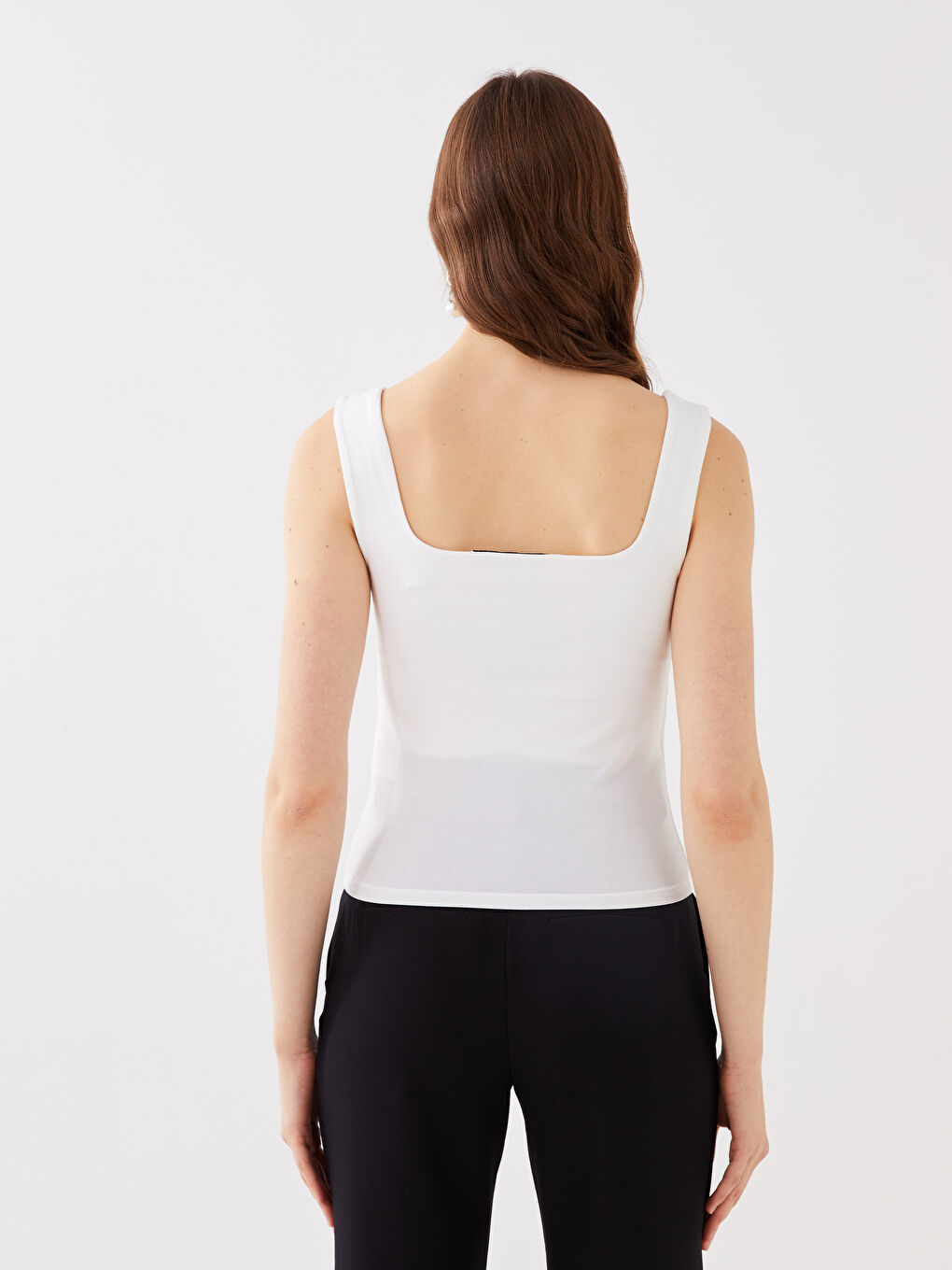 Beyaz Kare Yaka Düz Askılı Kadın Crop-4