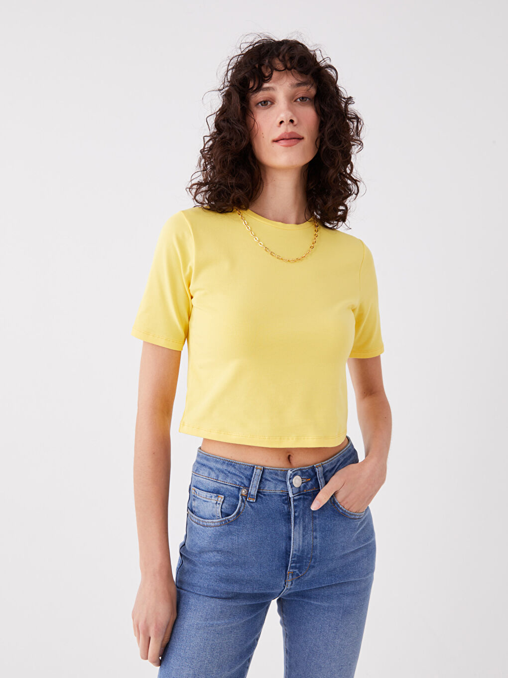 Sarı Bisiklet Yaka Düz Kısa Kollu Kadın Crop