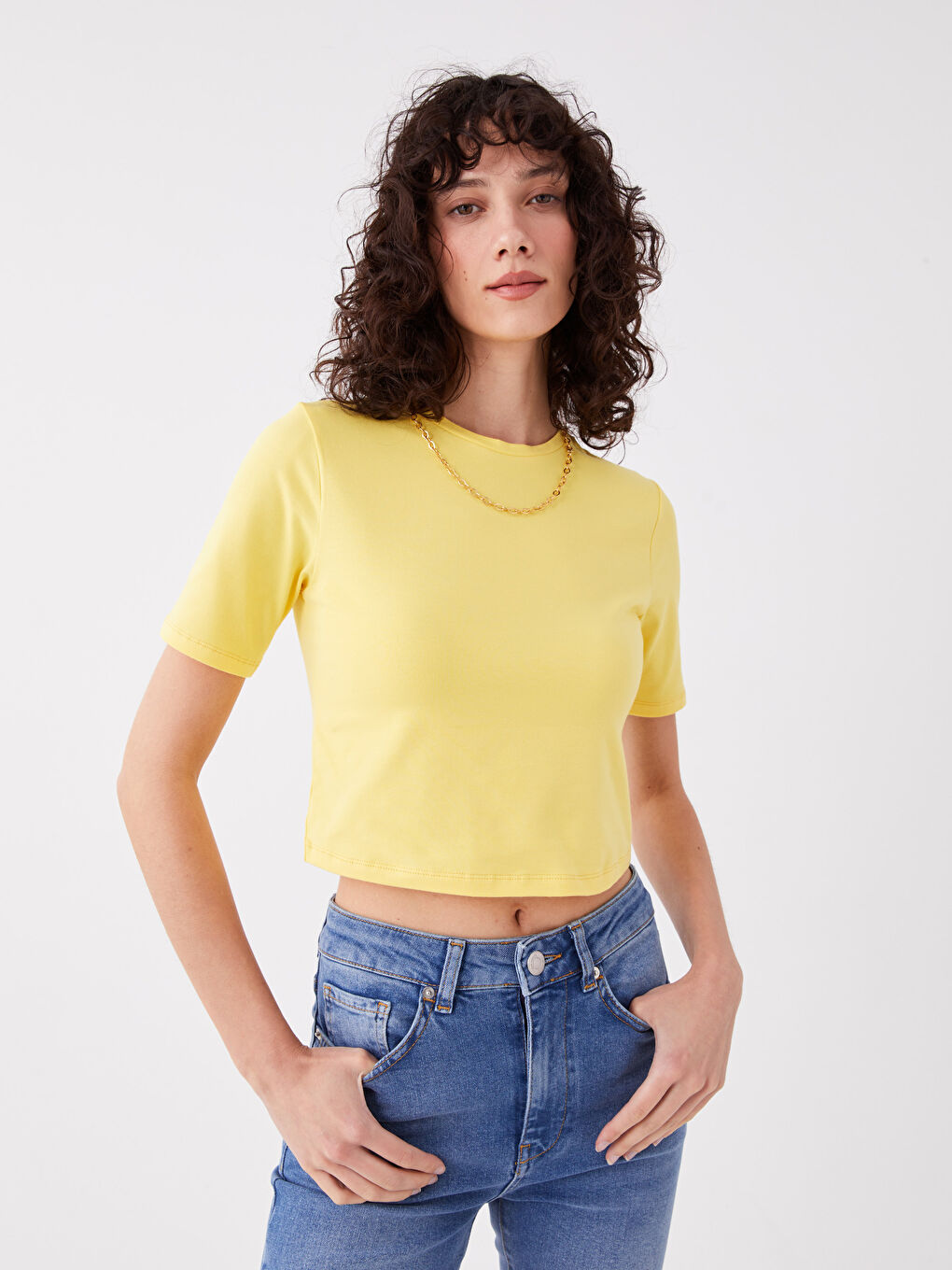 Sarı Bisiklet Yaka Düz Kısa Kollu Kadın Crop-1
