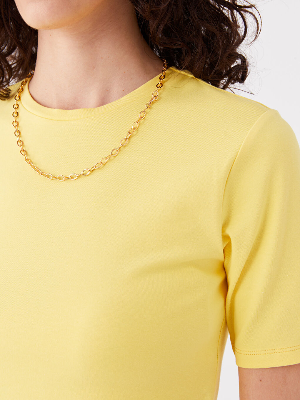 Sarı Bisiklet Yaka Düz Kısa Kollu Kadın Crop-3