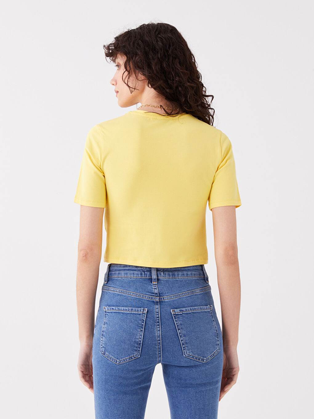 Sarı Bisiklet Yaka Düz Kısa Kollu Kadın Crop-4
