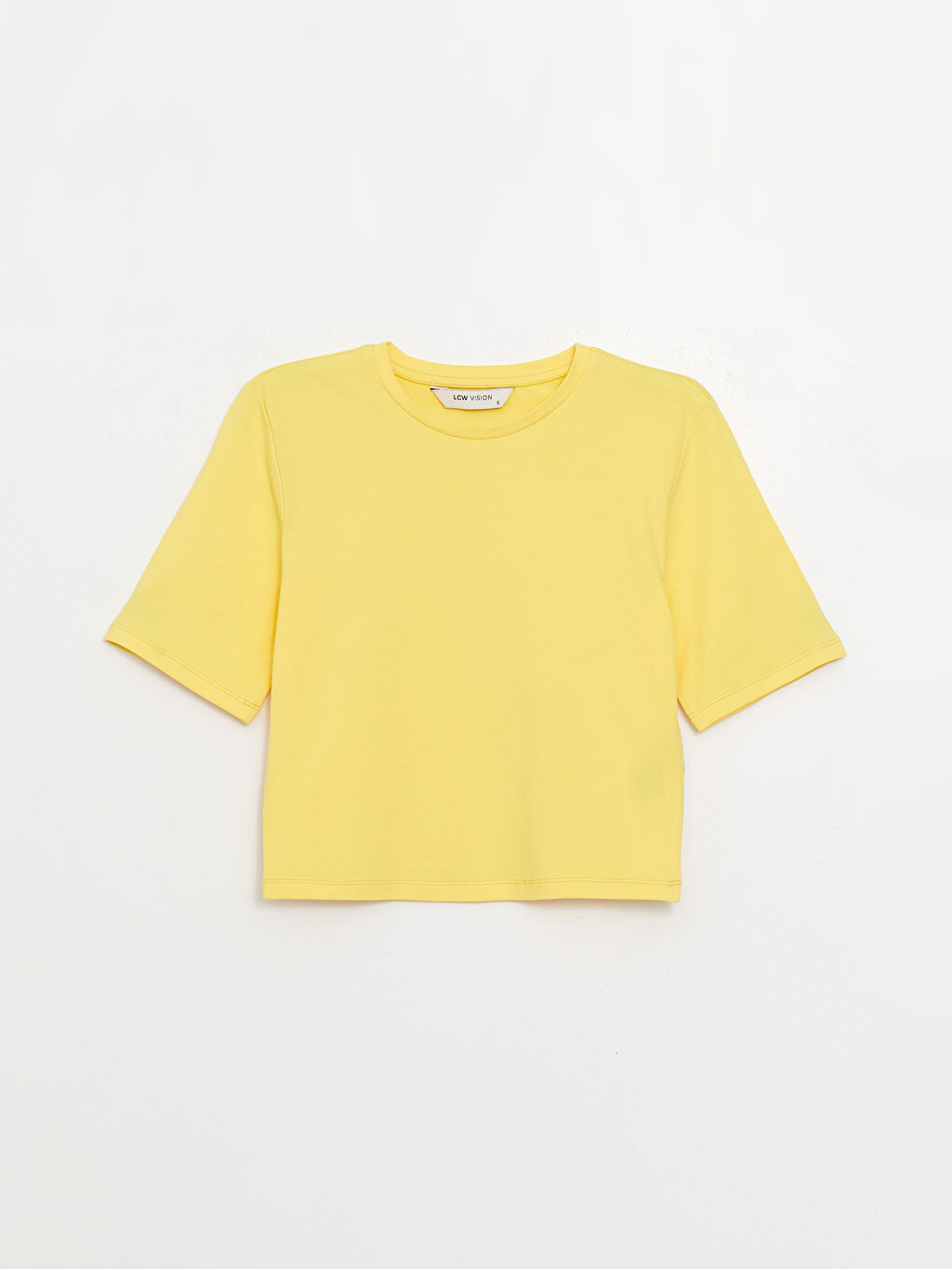 Sarı Bisiklet Yaka Düz Kısa Kollu Kadın Crop-5