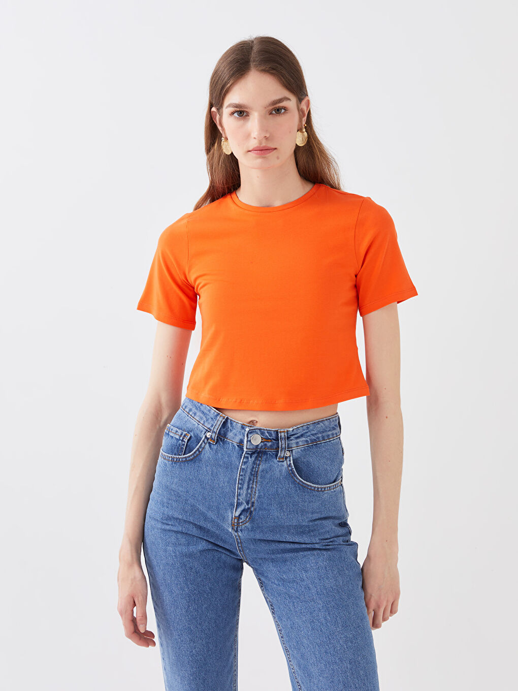 Turuncu Bisiklet Yaka Düz Kısa Kollu Kadın Crop-1