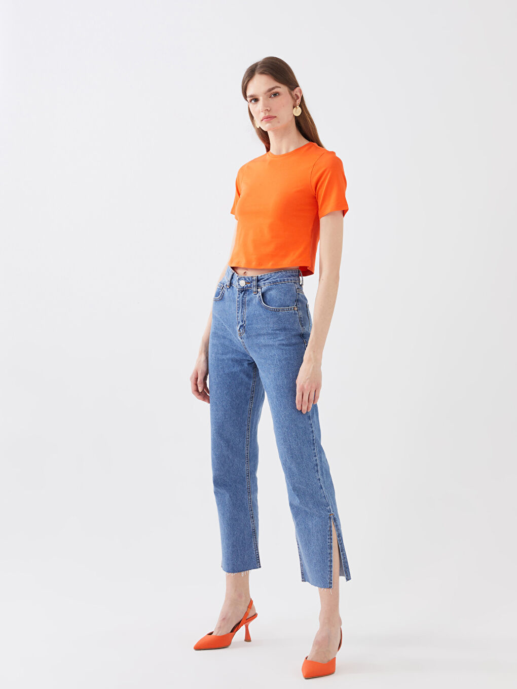 Turuncu Bisiklet Yaka Düz Kısa Kollu Kadın Crop-2