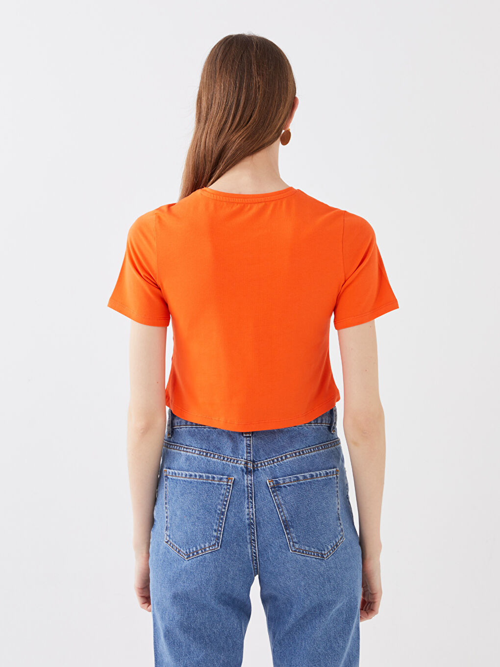 Turuncu Bisiklet Yaka Düz Kısa Kollu Kadın Crop-4