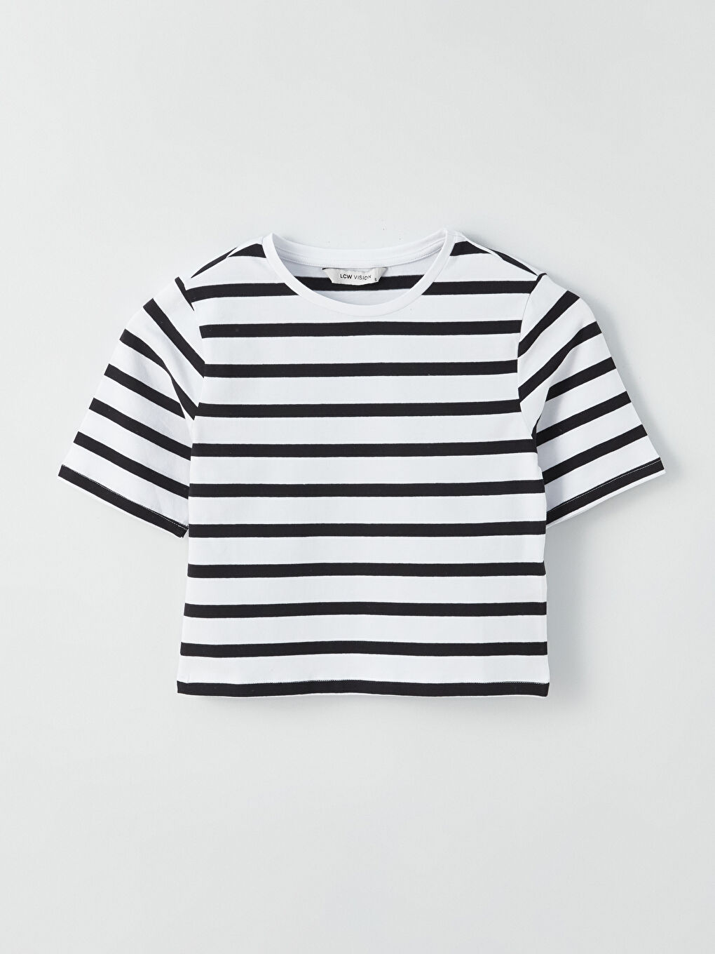 Siyah Bisiklet Yaka Çizgili Kısa Kollu Kadın Crop-5