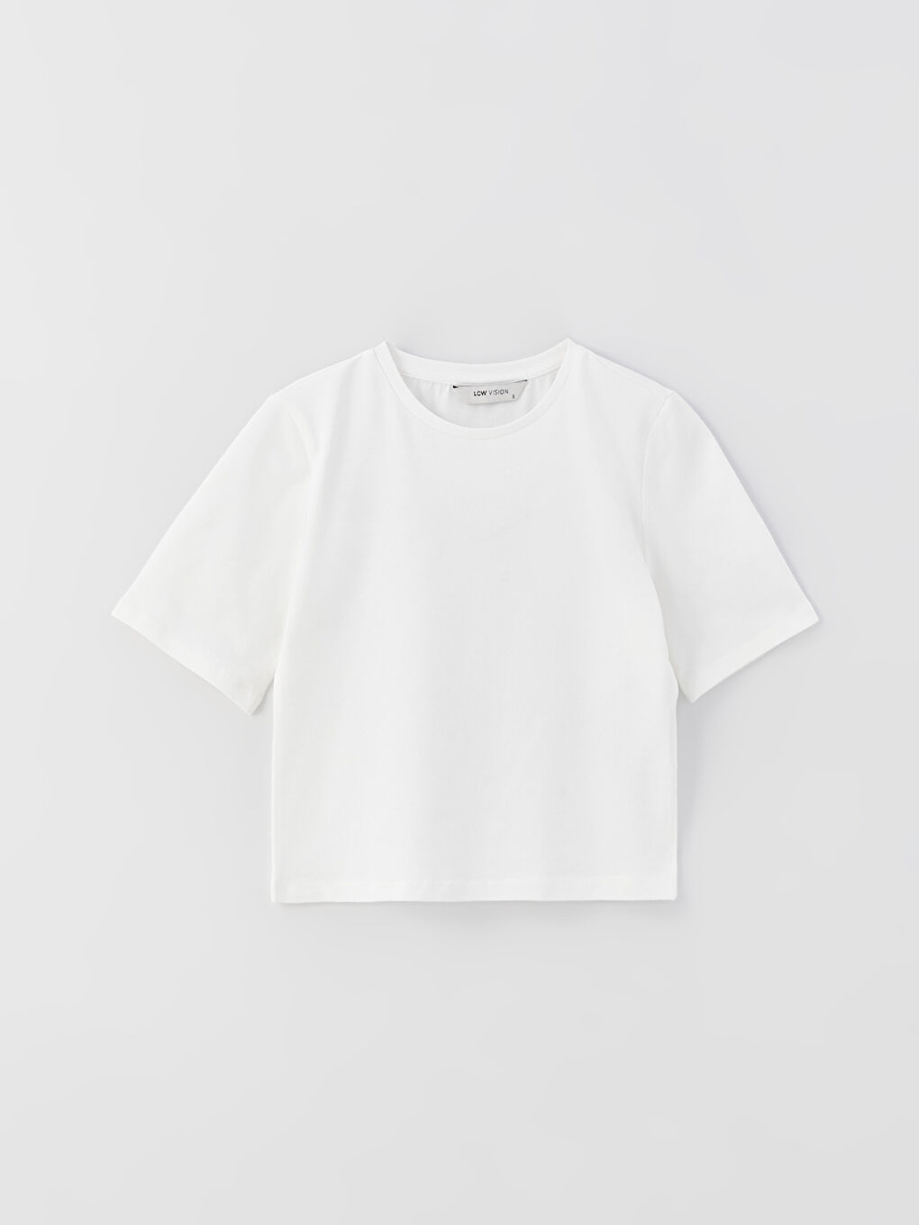 Beyaz Bisiklet Yaka Düz Kısa Kollu Kadın Crop-5