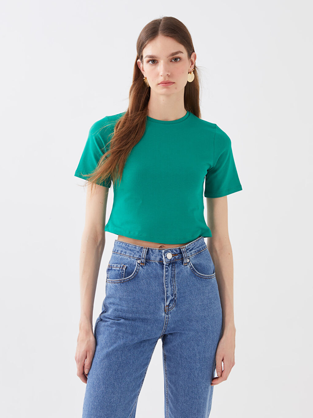 Yeşil Bisiklet Yaka Düz Kısa Kollu Kadın Crop-1