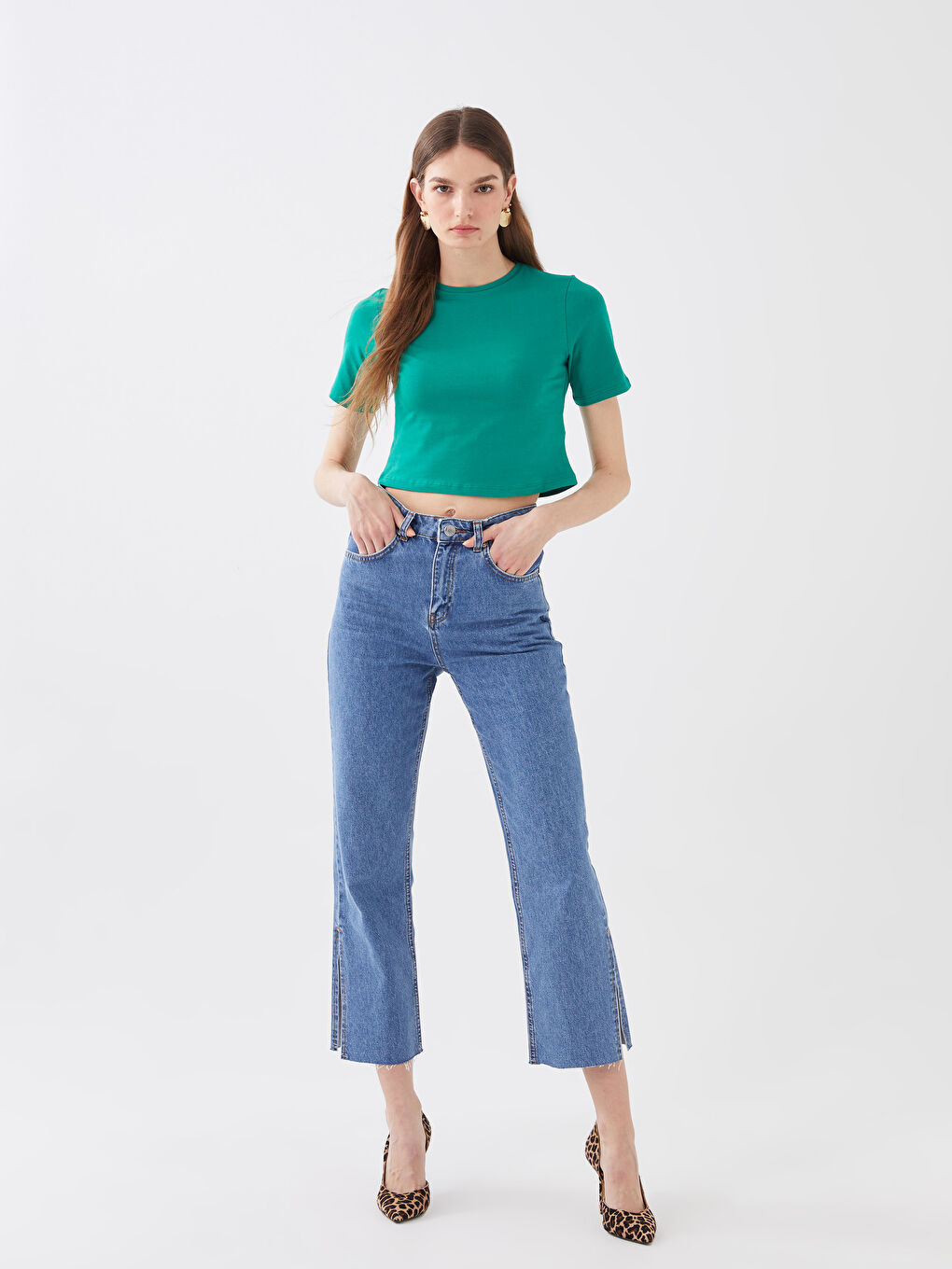 Yeşil Bisiklet Yaka Düz Kısa Kollu Kadın Crop-2