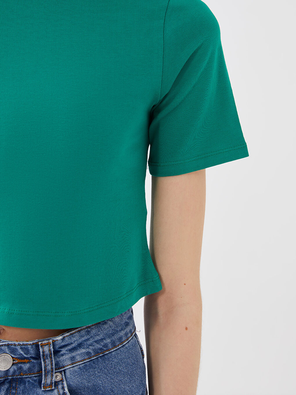 Yeşil Bisiklet Yaka Düz Kısa Kollu Kadın Crop-3