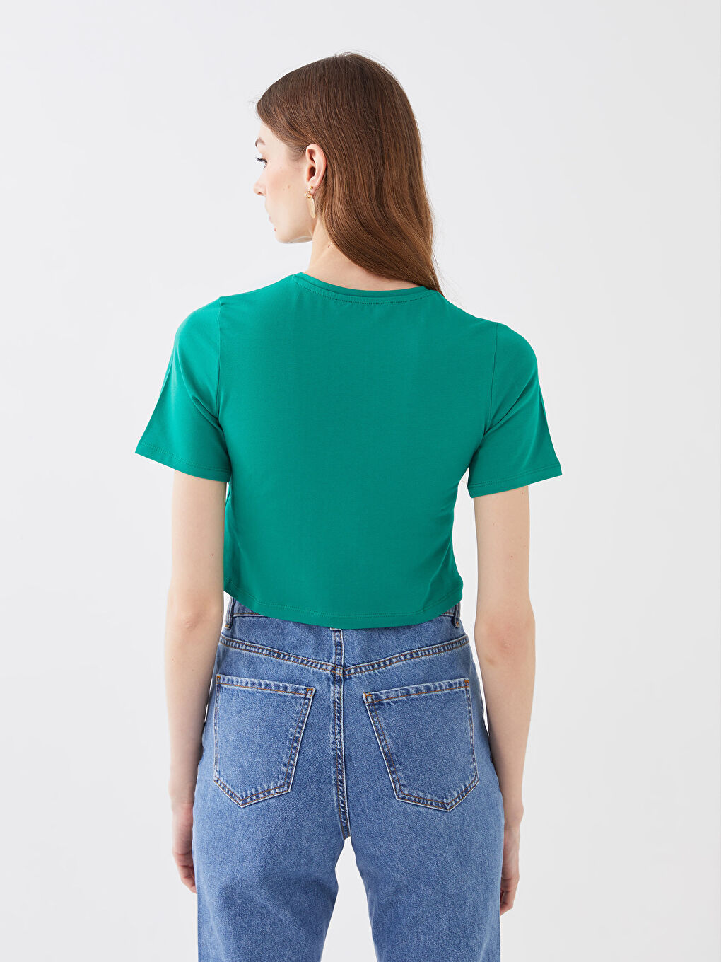Yeşil Bisiklet Yaka Düz Kısa Kollu Kadın Crop-4