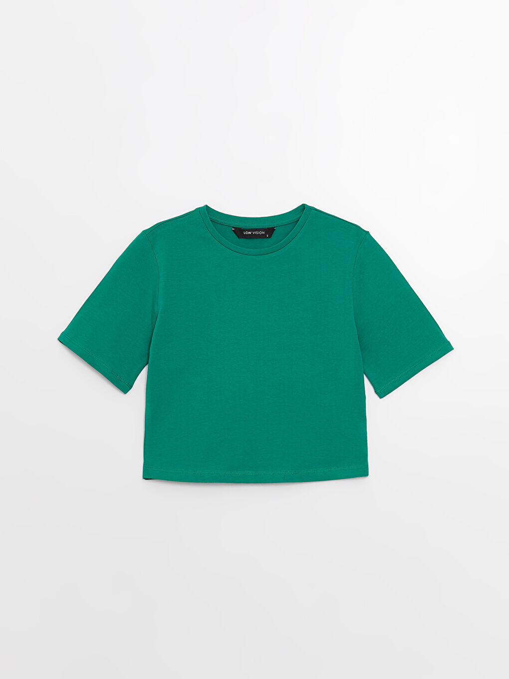 Yeşil Bisiklet Yaka Düz Kısa Kollu Kadın Crop-5