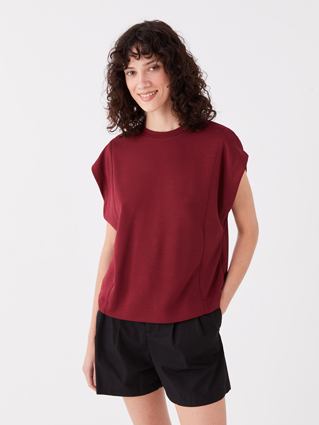 Haut Court Oversize à Manches Courtes Uni pour Femmes Col Rond