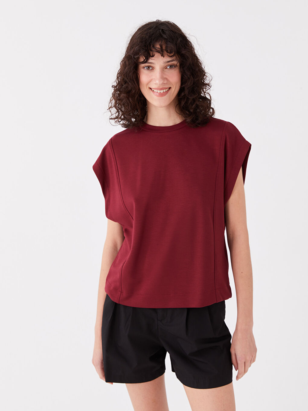 Haut Court Oversize à Manches Courtes Uni pour Femmes Col Rond-1