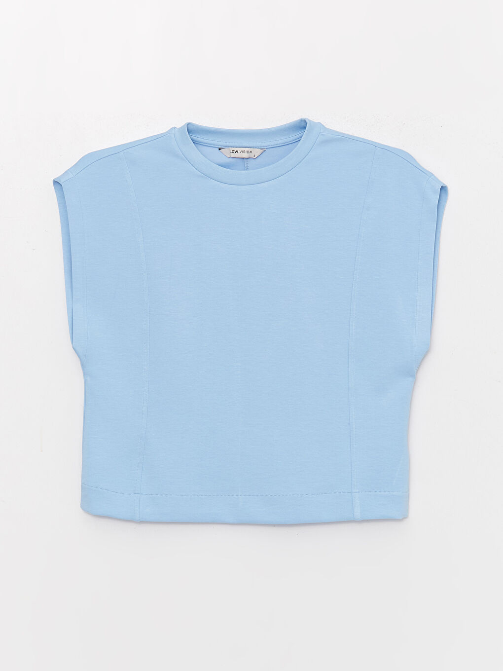 Mavi Bisiklet Yaka Düz Kısa Kollu Oversize Kadın Crop-5