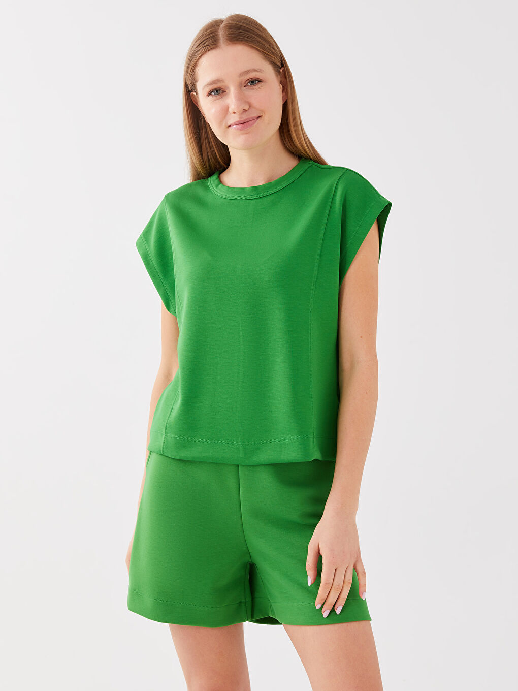 Haut Court Oversize à Manches Courtes Uni pour Femmes Col Rond