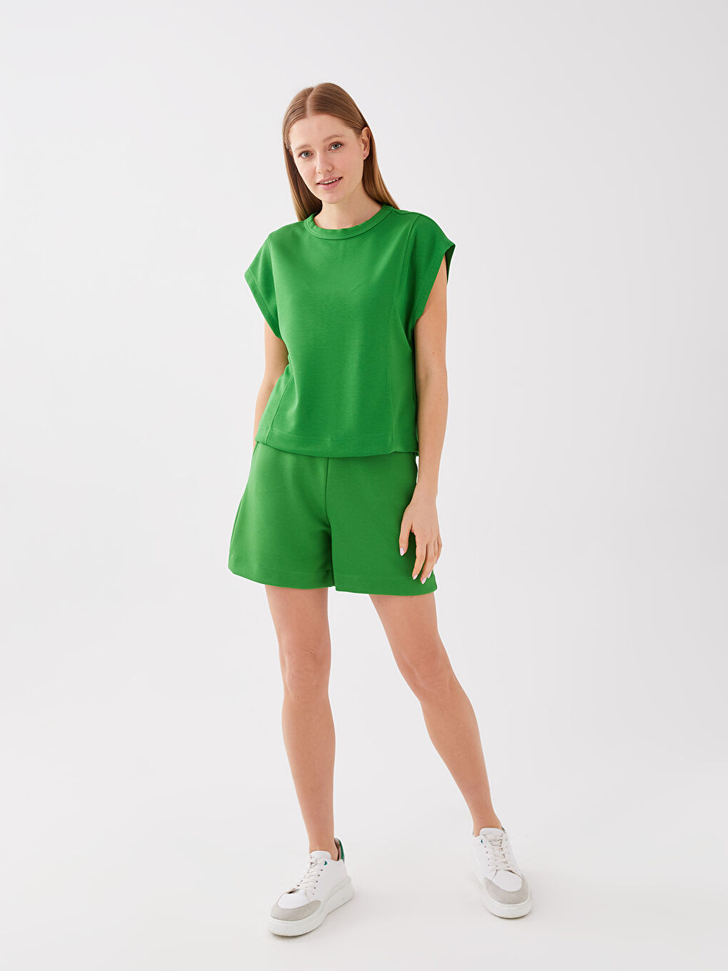 Haut Court Oversize à Manches Courtes Uni pour Femmes Col Rond-1