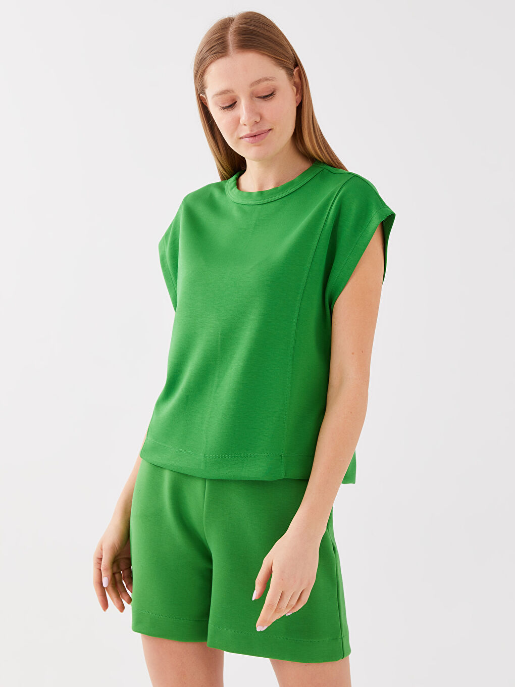 Haut Court Oversize à Manches Courtes Uni pour Femmes Col Rond-2