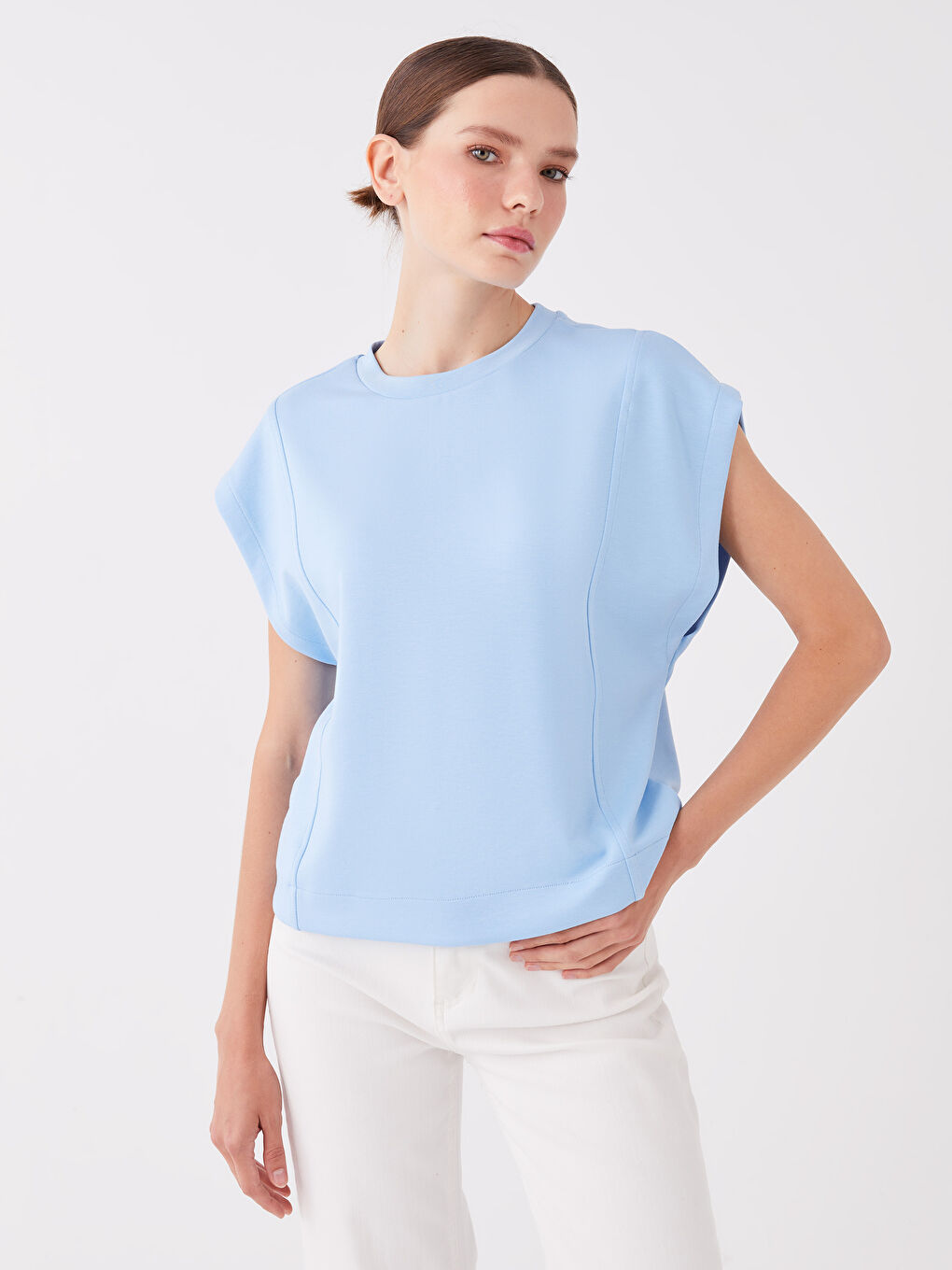 Mavi Bisiklet Yaka Düz Kısa Kollu Oversize Kadın Crop