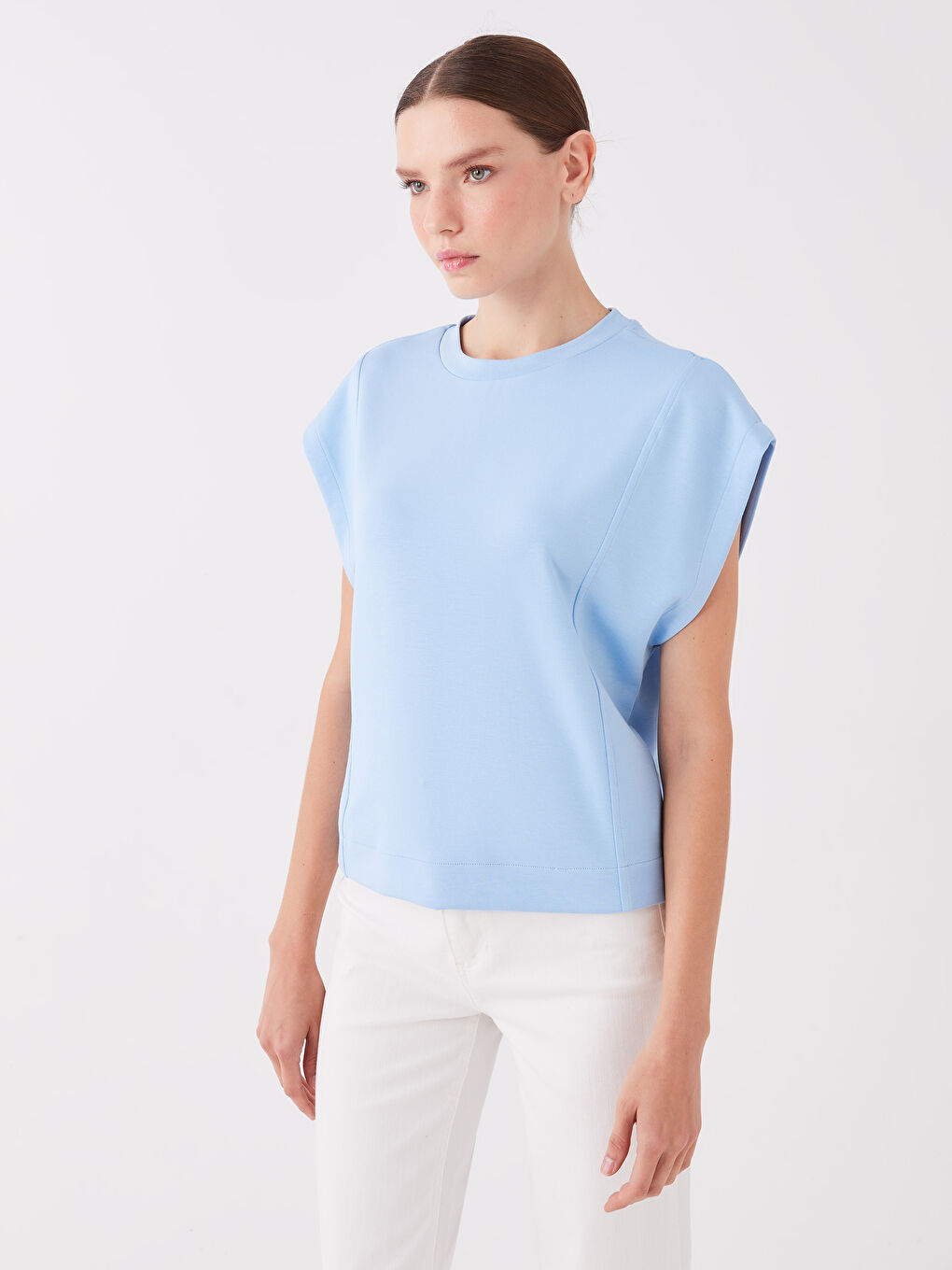 Mavi Bisiklet Yaka Düz Kısa Kollu Oversize Kadın Crop-1