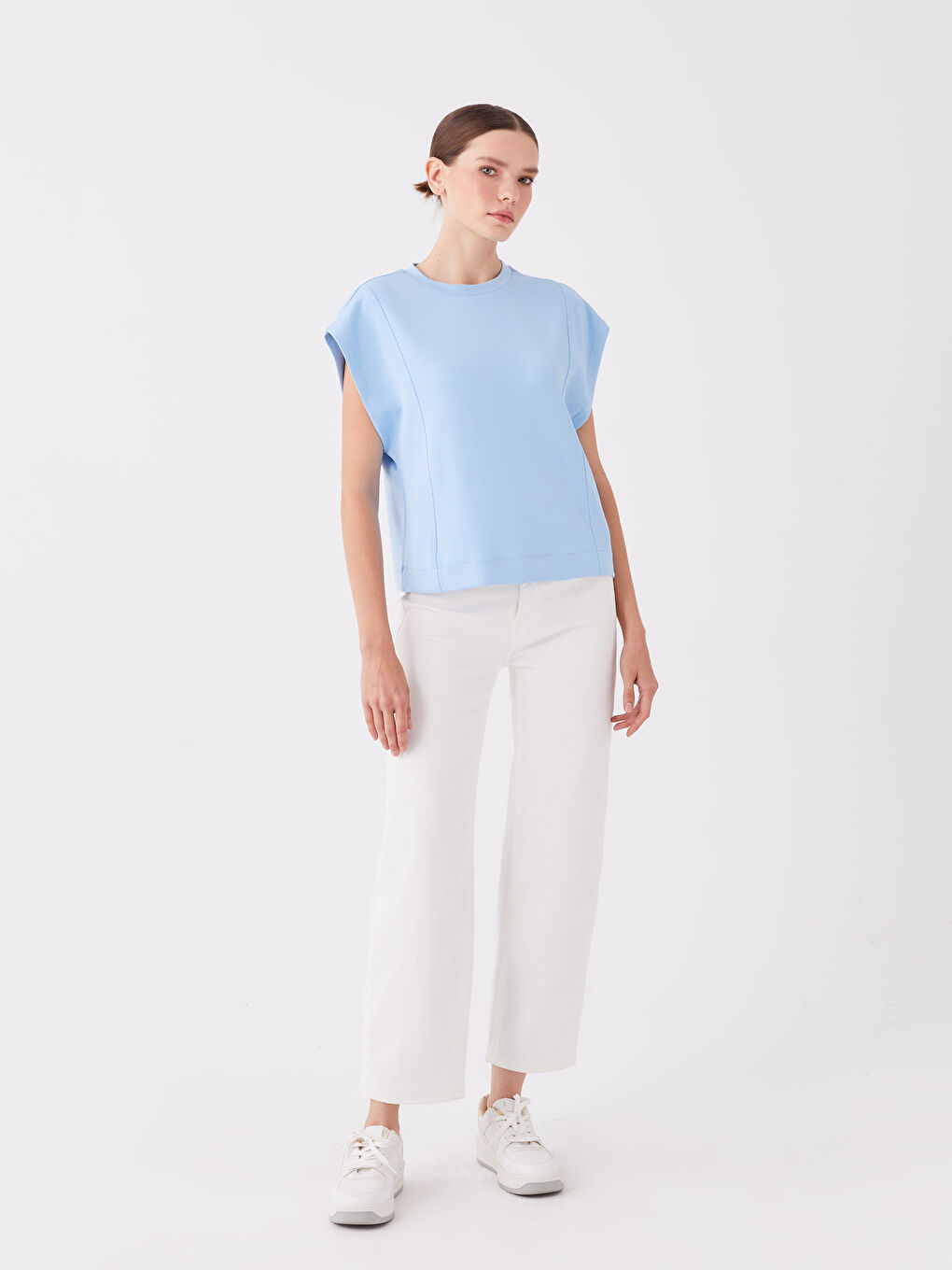 Mavi Bisiklet Yaka Düz Kısa Kollu Oversize Kadın Crop-2