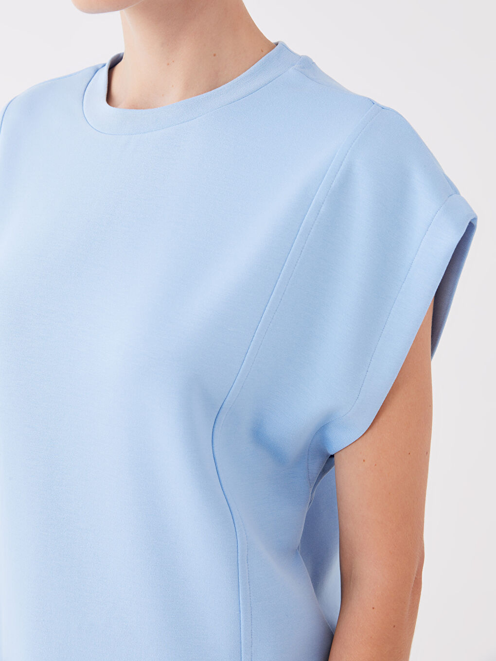 Mavi Bisiklet Yaka Düz Kısa Kollu Oversize Kadın Crop-3