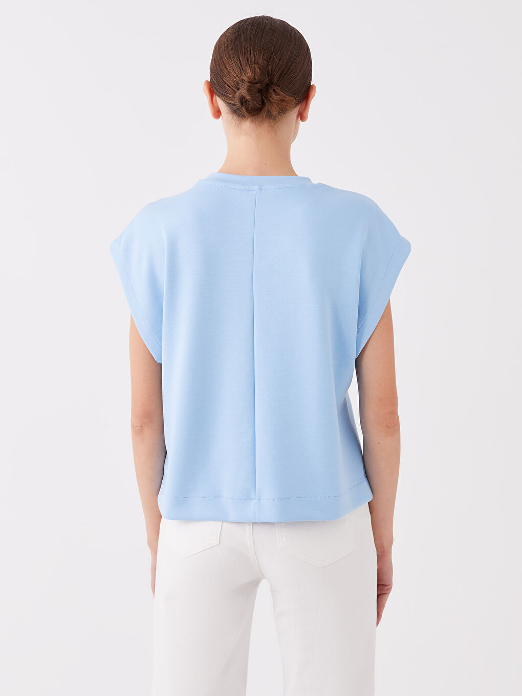 Mavi Bisiklet Yaka Düz Kısa Kollu Oversize Kadın Crop-4