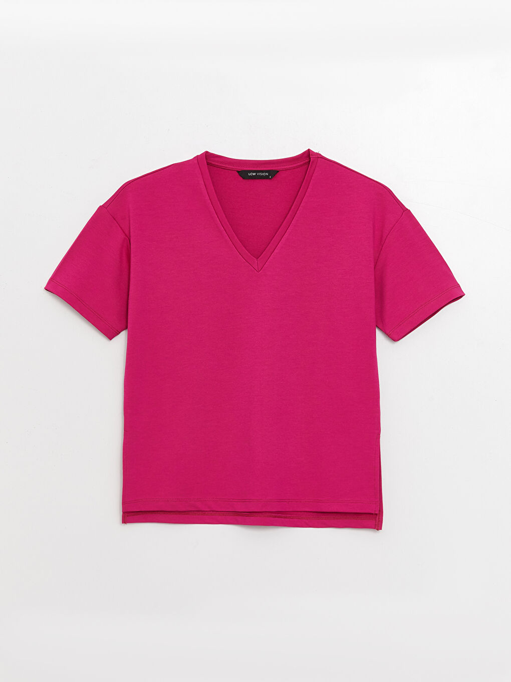 Fuşya V Yaka Düz Kısa Kollu Kadın Tişört-5
