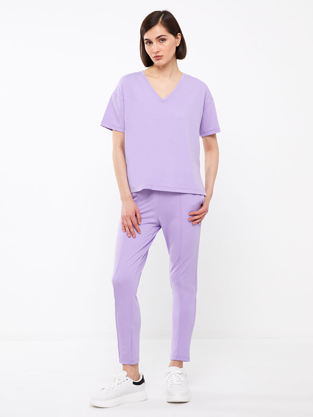 Lila V Yaka Düz Kısa Kollu Kadın Tişört-2