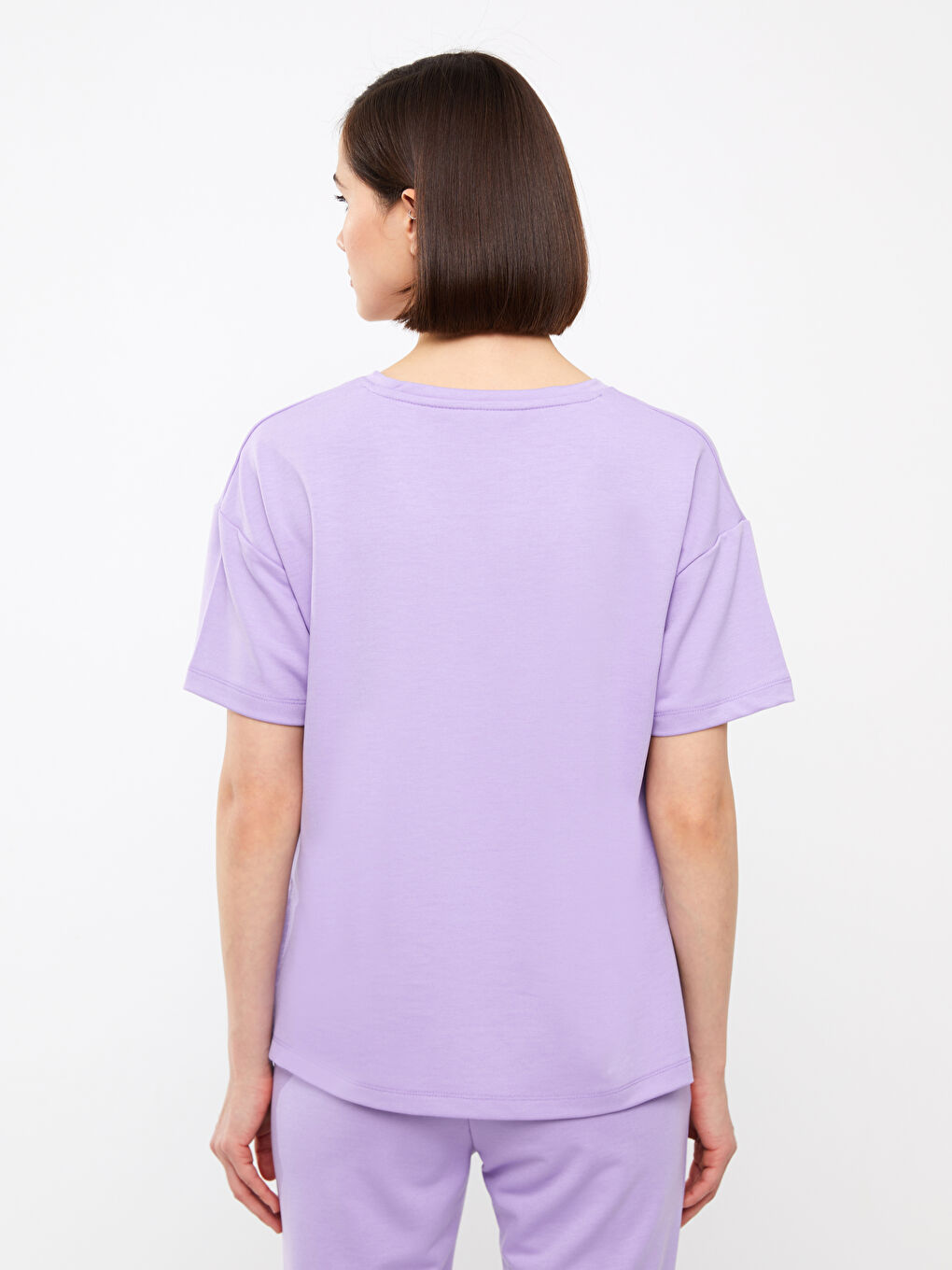 Lila V Yaka Düz Kısa Kollu Kadın Tişört-3